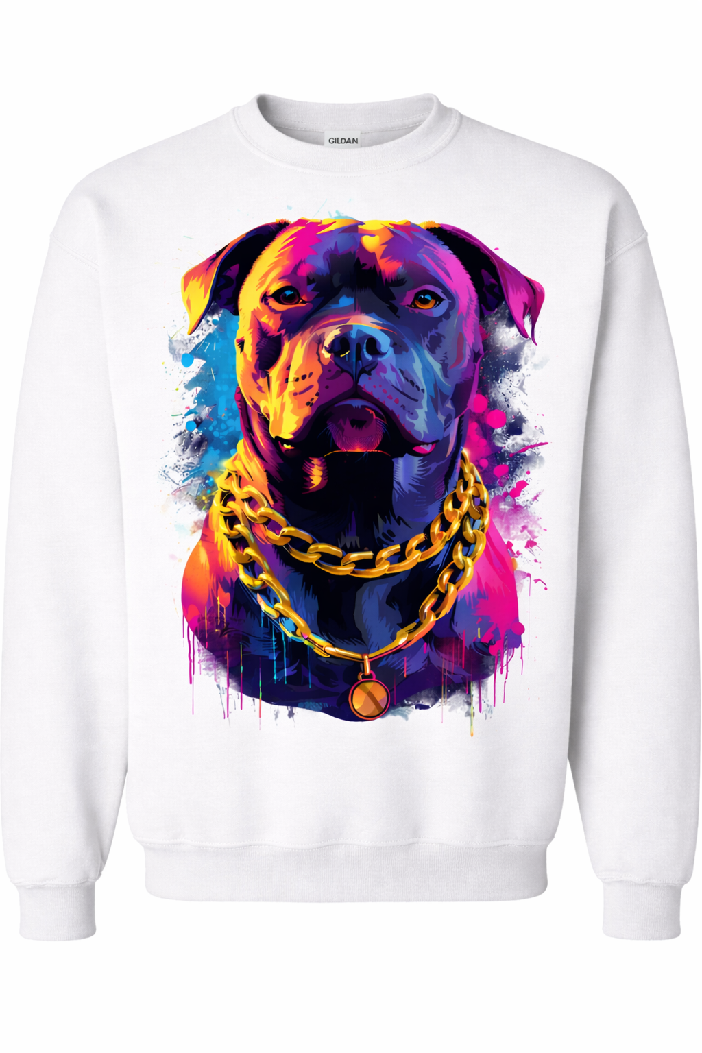 White sweatshirt with a colorful dog graphic and gold chain on a white background