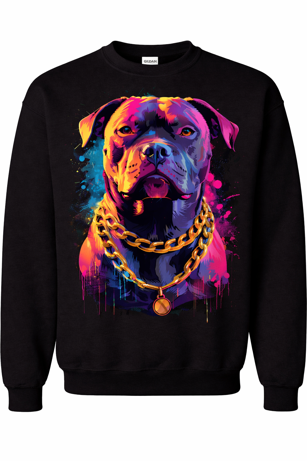 Black sweatshirt with a colorful dog graphic and gold chain on a white background