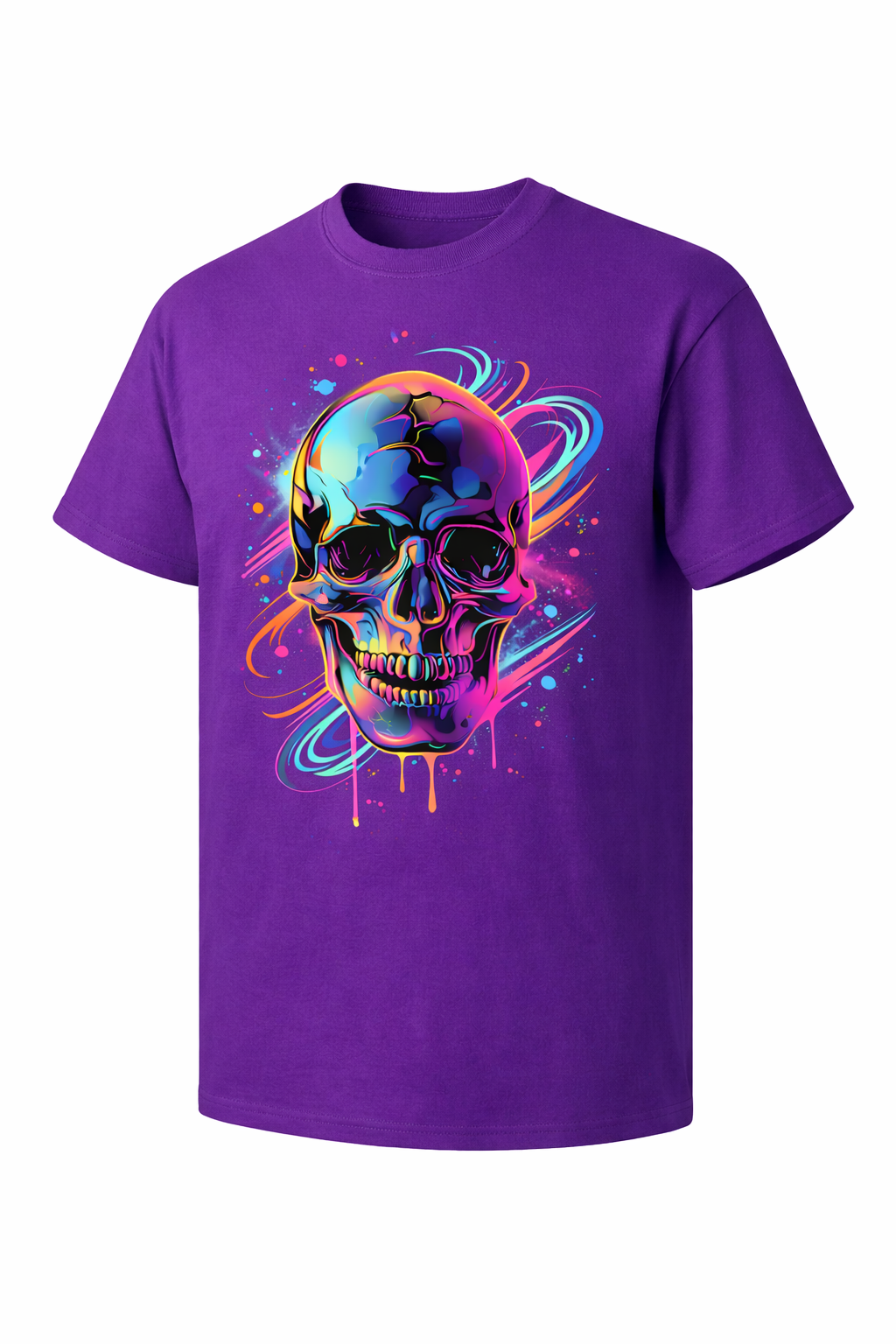 Purple t-shirt with a colorful skull design on a white background