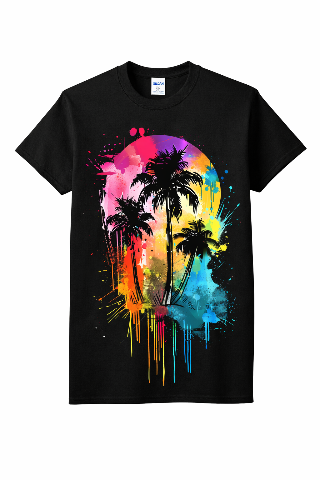 Black t-shirt with colorful palm tree design on a white background