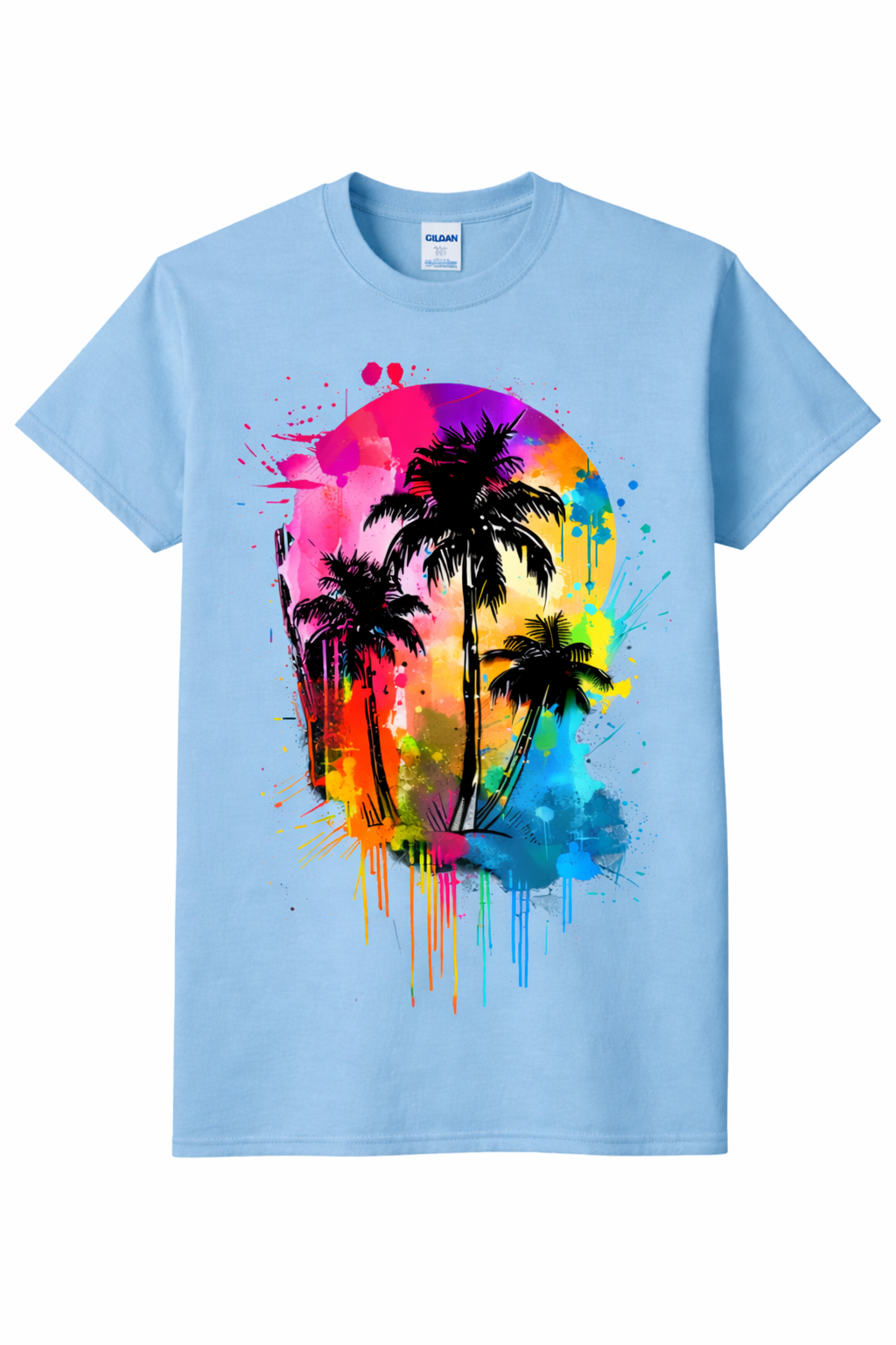 Light blue t-shirt with colorful palm tree design on a white background