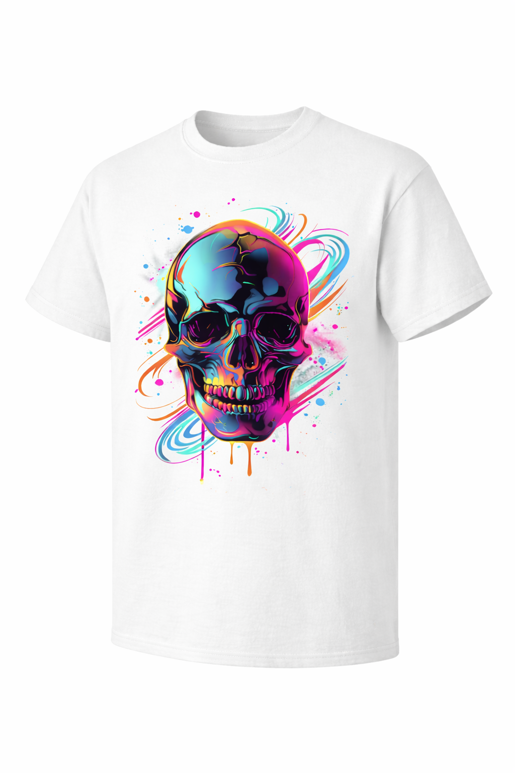 White t-shirt with a colorful skull design on a white background