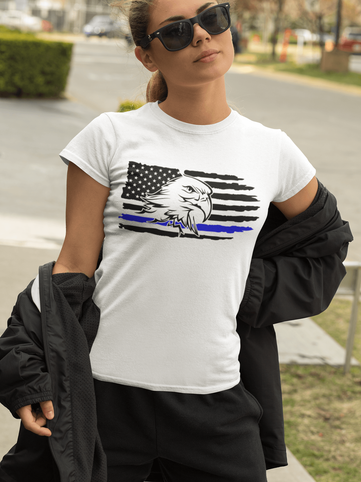 Bold Black American Flag T-Shirt With Eagle And Police Blue Line - Patriotic Apparel by awp, displaying a classic flag with eagle police design in white, a great choice for a stylish patriotic t-shirt.