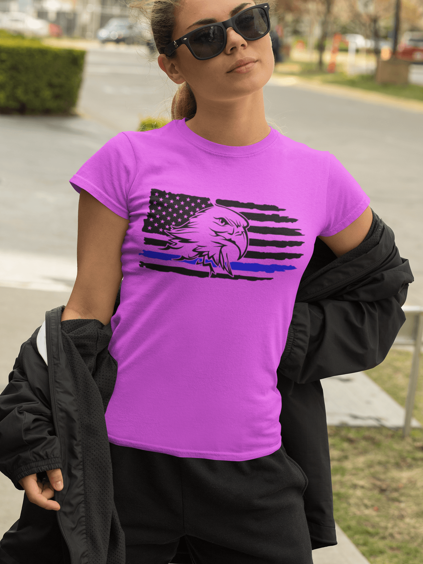 Bold Black American Flag T-Shirt With Eagle And Police Blue Line - Patriotic Apparel by awp, featuring a striking flag with eagle police design in pink, perfect for showcasing your patriotic spirit.