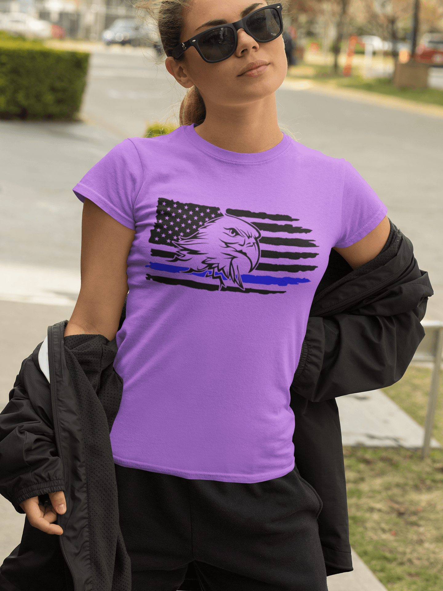 Bold Black American Flag T-Shirt With Eagle And Police Blue Line - Patriotic Apparel by awp, showcasing a vibrant flag with eagle police design in purple, ideal for wearing as a patriotic t-shirt.