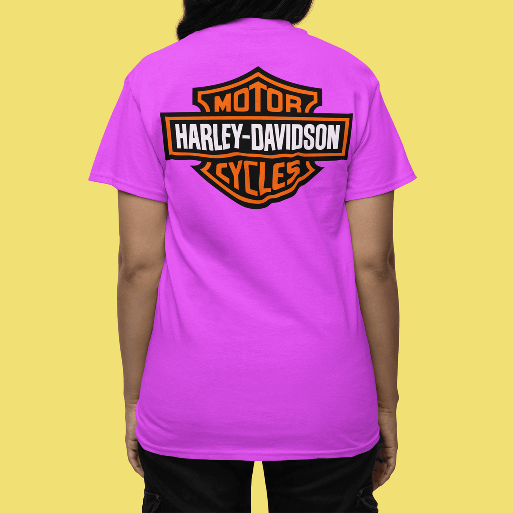 Purple t-shirt with Harley-Davidson logo on a yellow background