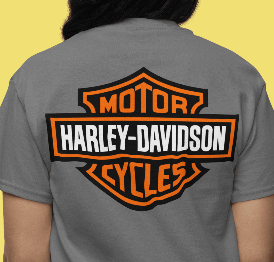 Gray t-shirt with Harley-Davidson logo on the back against a yellow background