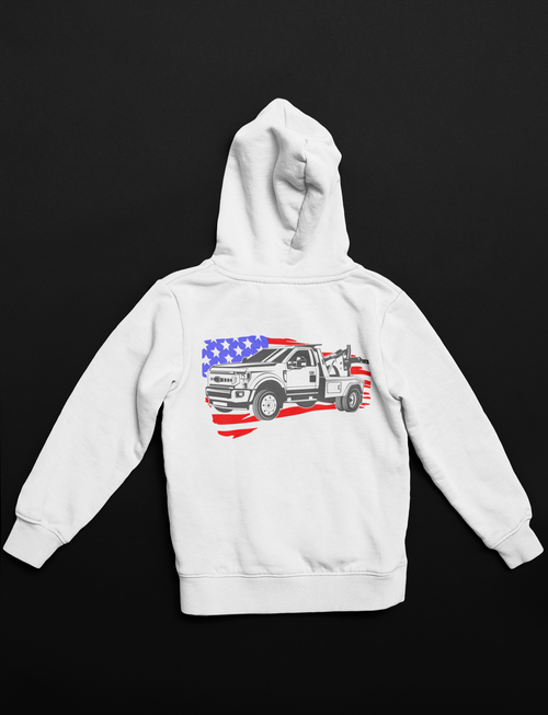 White hoodie with a graphic of a truck and American flag on the back against a black background