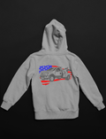 Gray hoodie with a graphic of a truck and American flag on the back against a black background