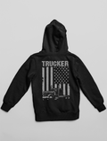 Black hoodie with 'Trucker' and American flag design on a gray background