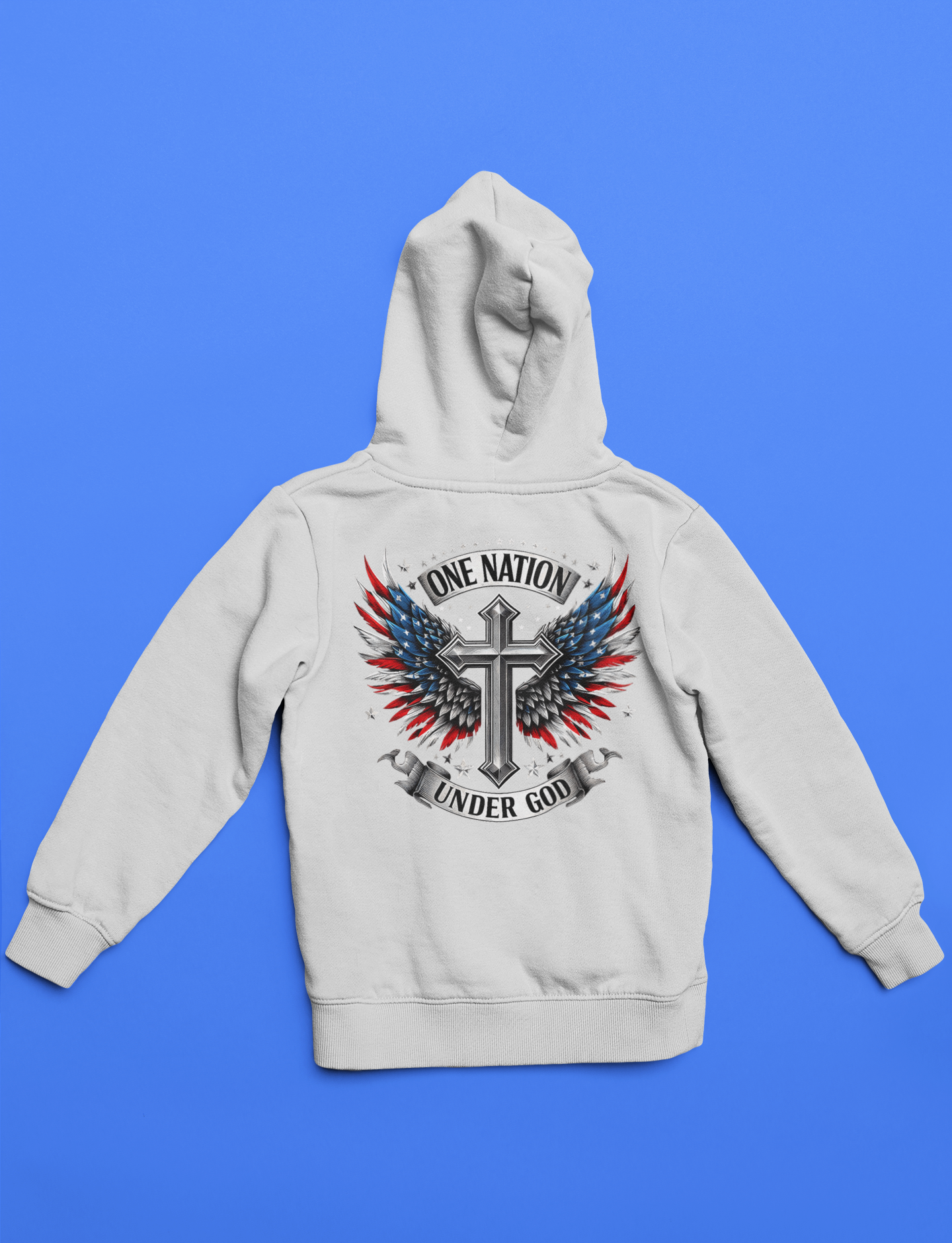 Gray hoodie with a graphic design on the back against a blue background
