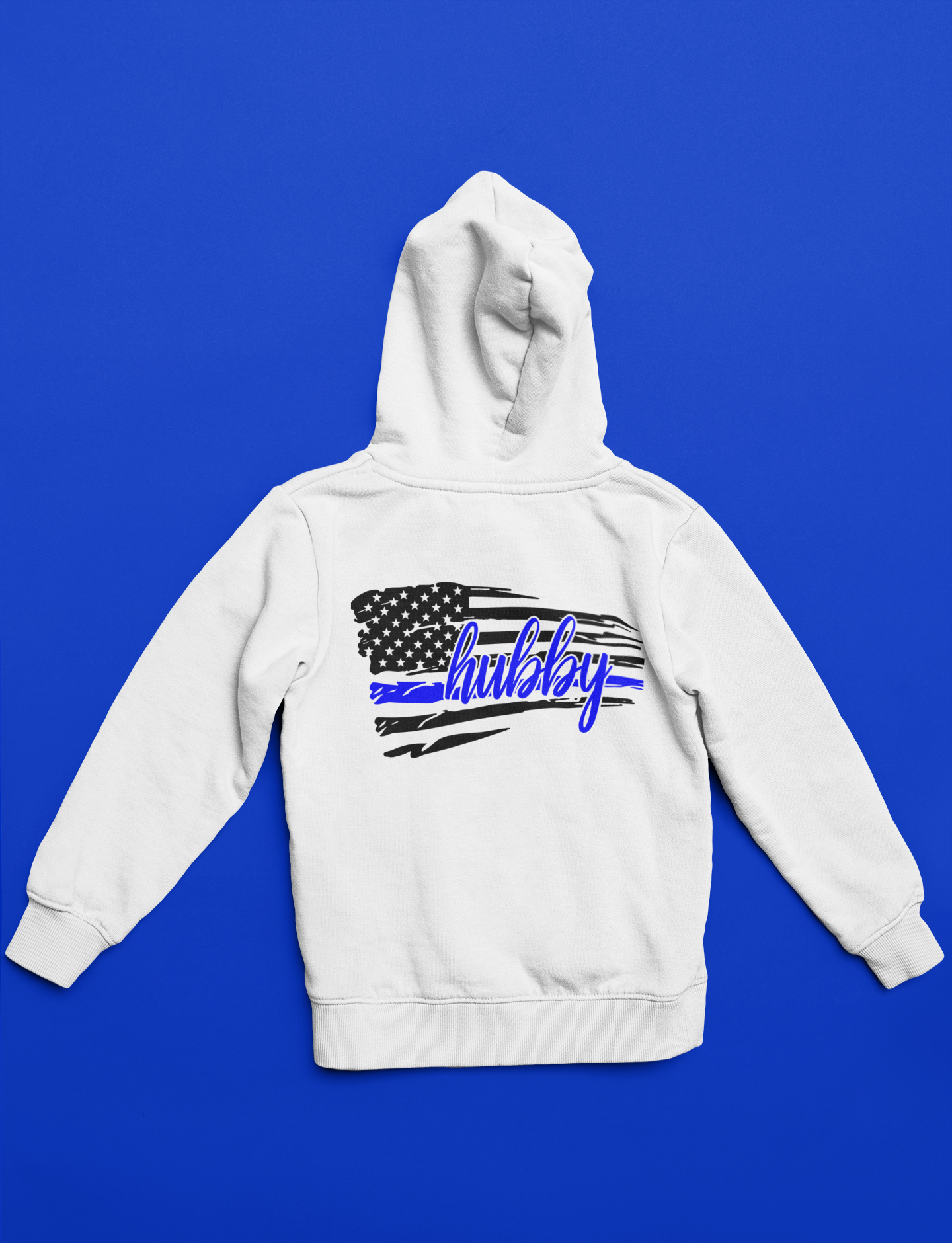 White hoodie with American flag and 'hubby' text in blue 