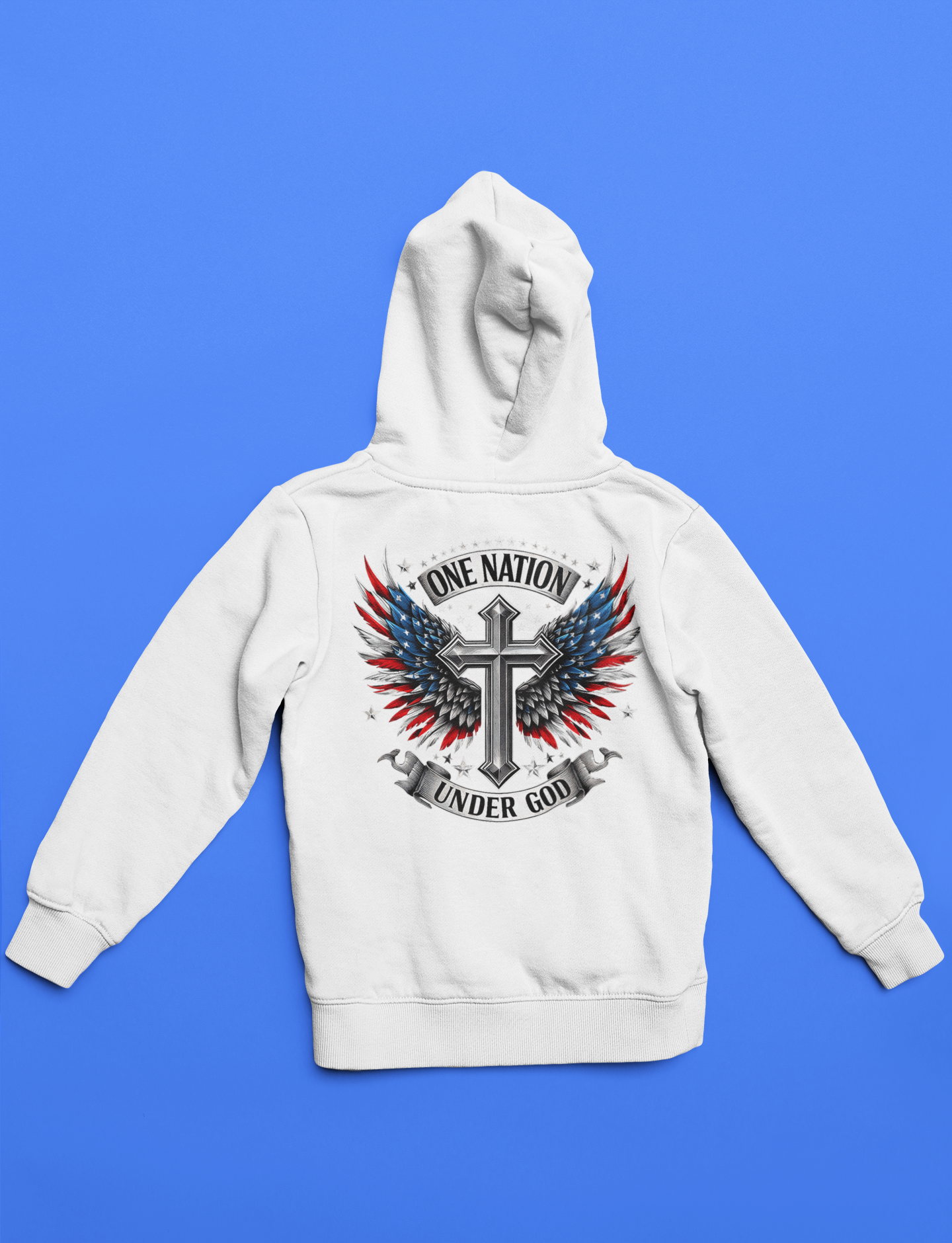 White hoodie with a graphic design on the back against a blue background