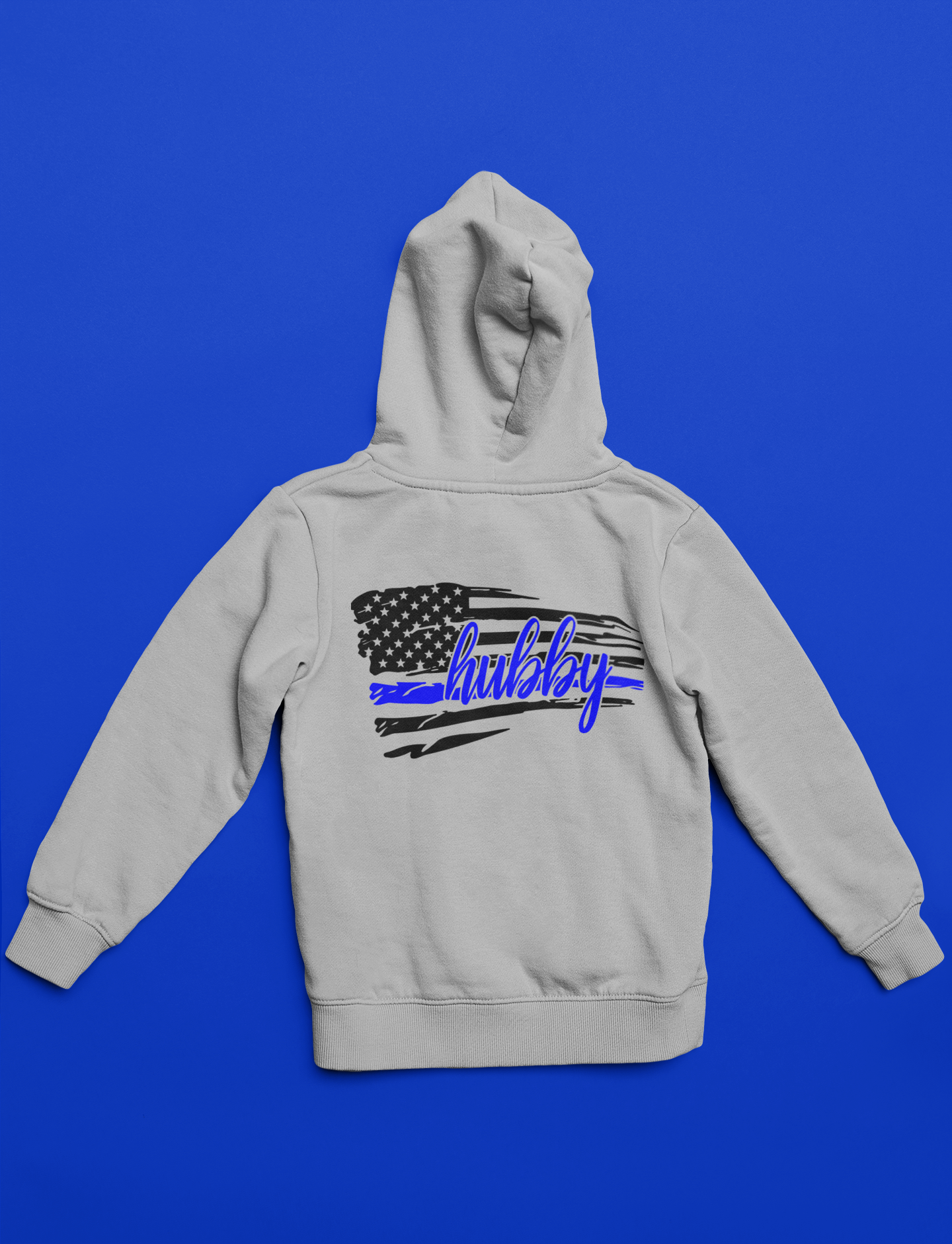 Light Gray hoodie with American flag and 'hubby' text in blue 