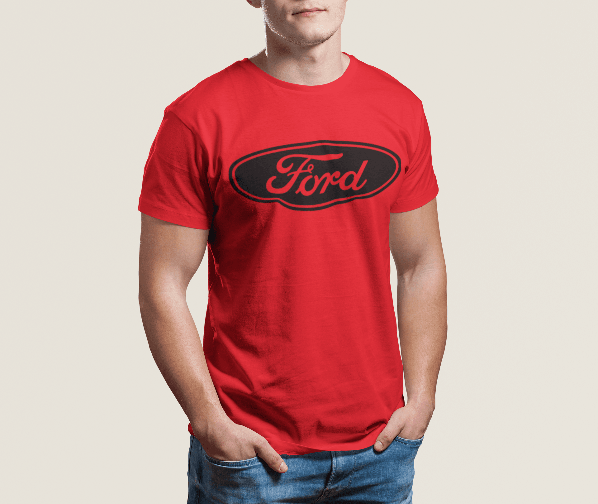 Person wearing a red t-shirt with a Ford logo on a plain background