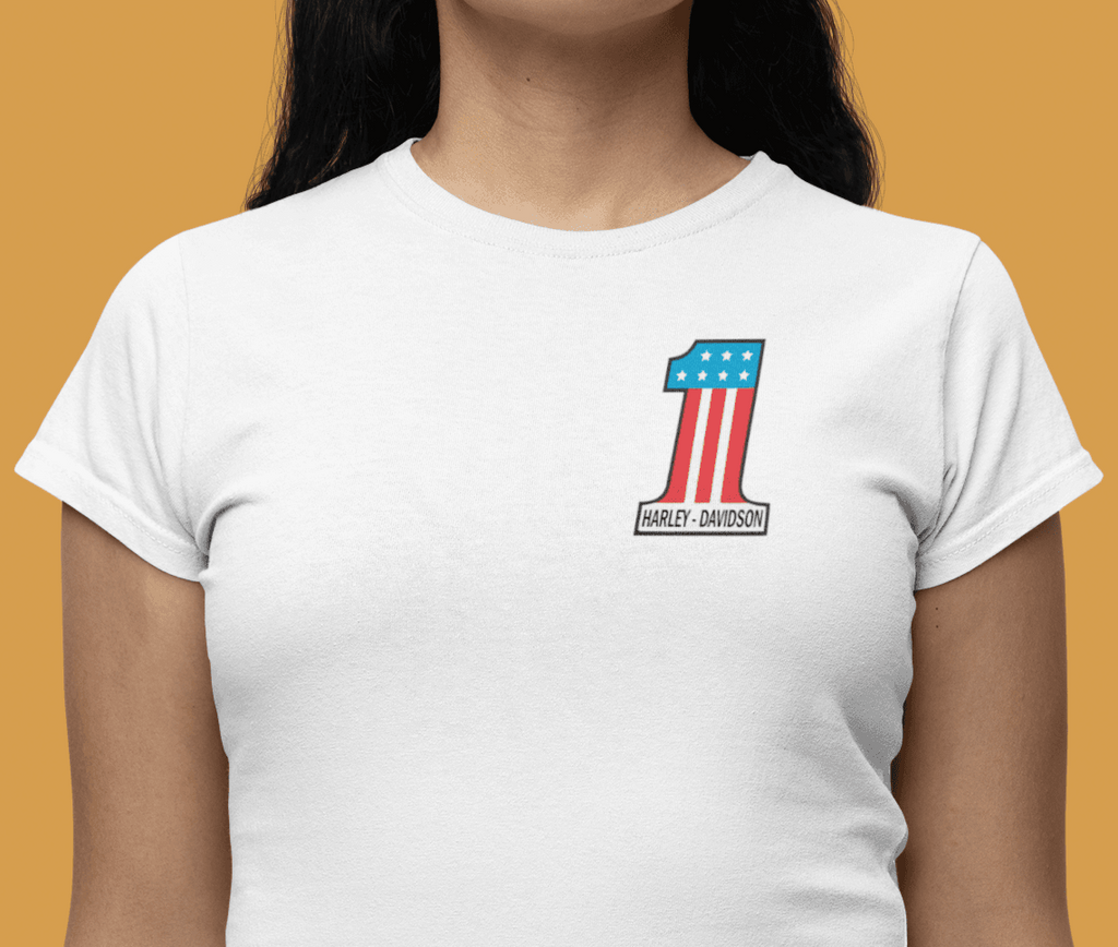 Woman wearing gray Harley-Davidson logo t-shirt - front view in studio"