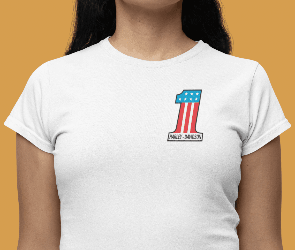 Woman wearing gray Harley-Davidson logo t-shirt - front view in studio"