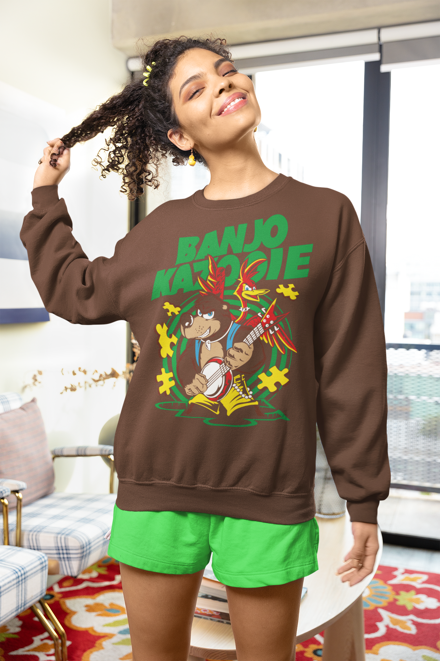 A model wearing the Banjo and Kazooie Sweatshirt by awp in brown color, displaying the beloved characters that appeal to nostalgic gamers.