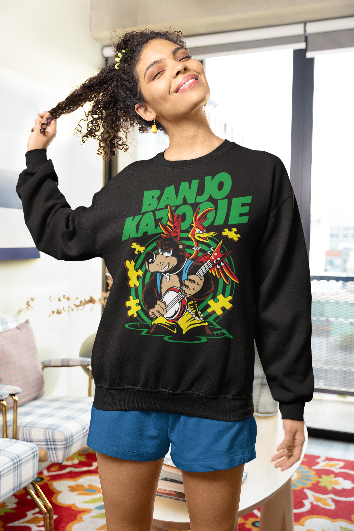 A model showcasing the Banjo and Kazooie Sweatshirt by awp in black color, featuring the iconic gaming duo design, perfect for retro gaming fans.