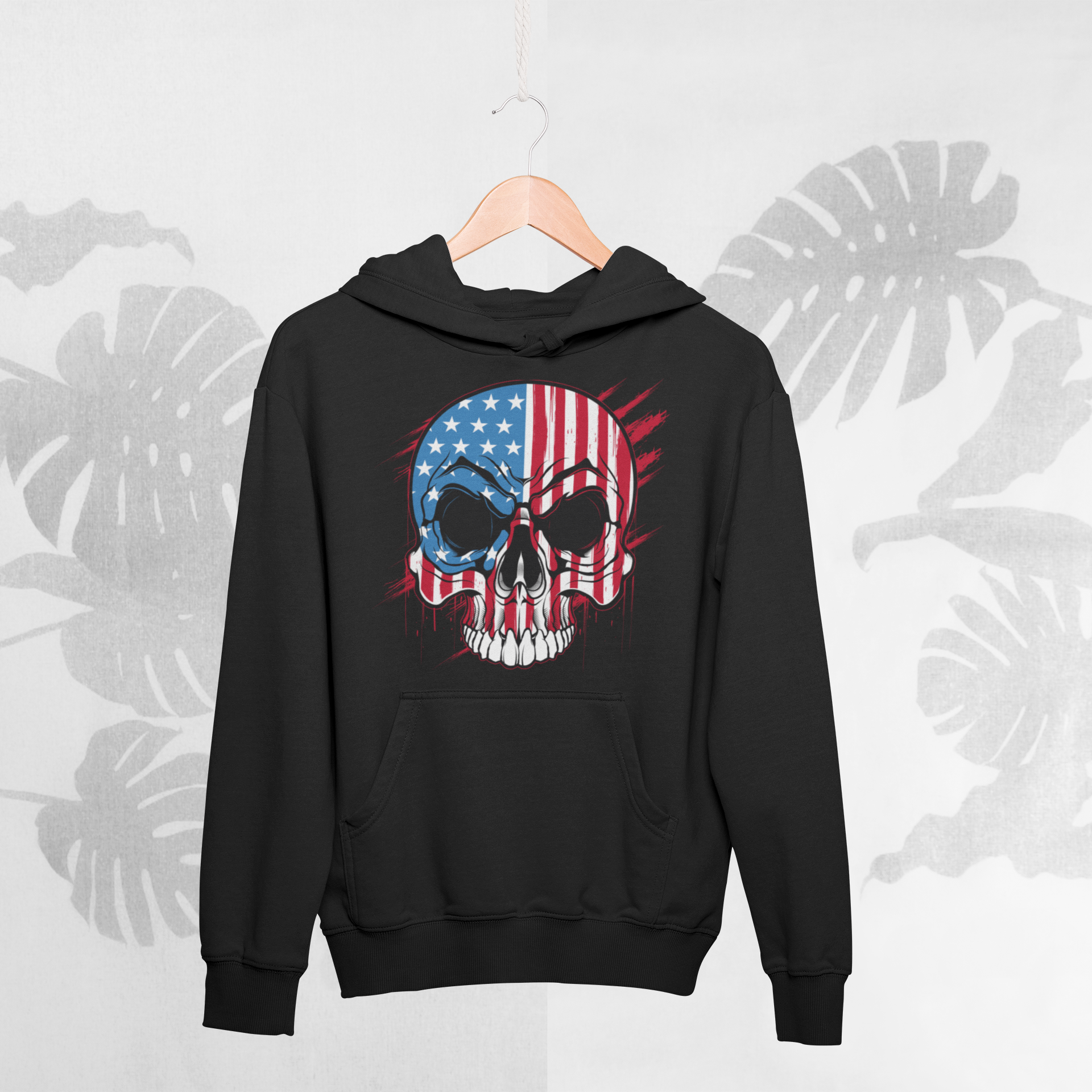 Black hoodie with a skull design featuring the American flag on a white background