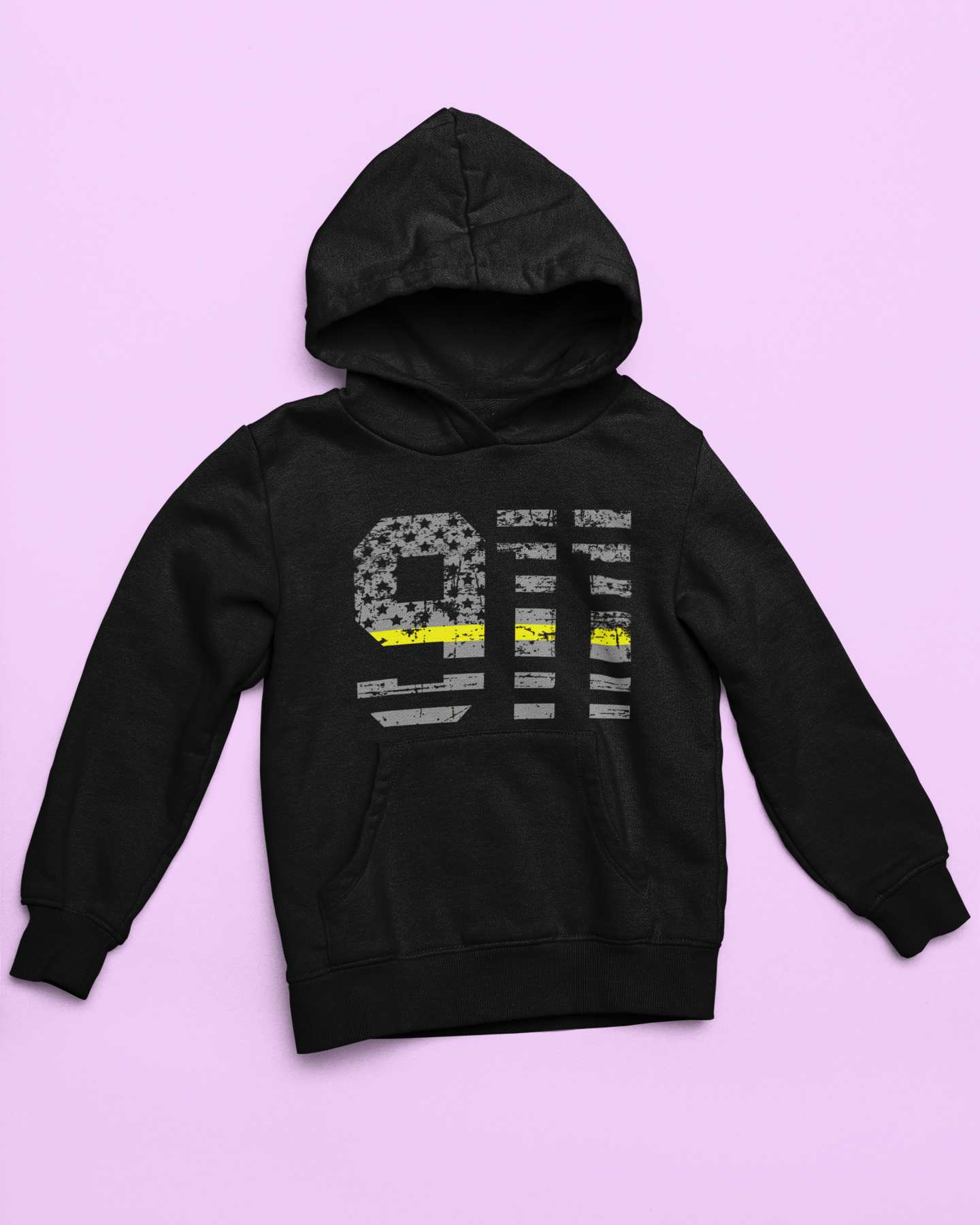 Black hoodie with a 911 design on a pink background