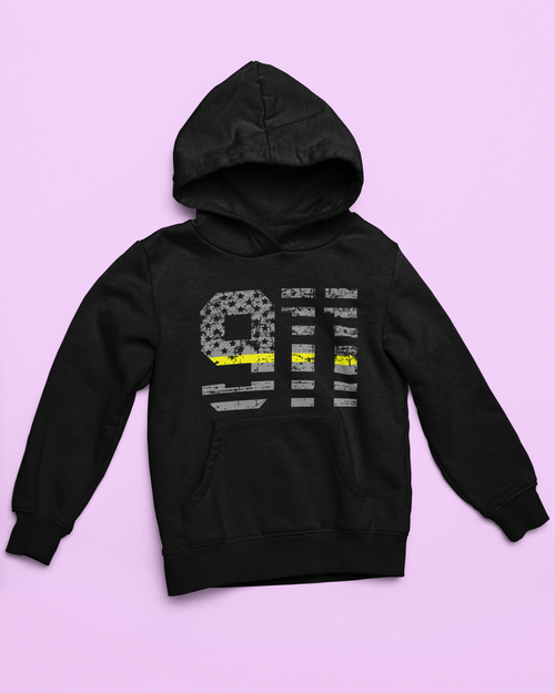 Black hoodie with a 911 design on a pink background