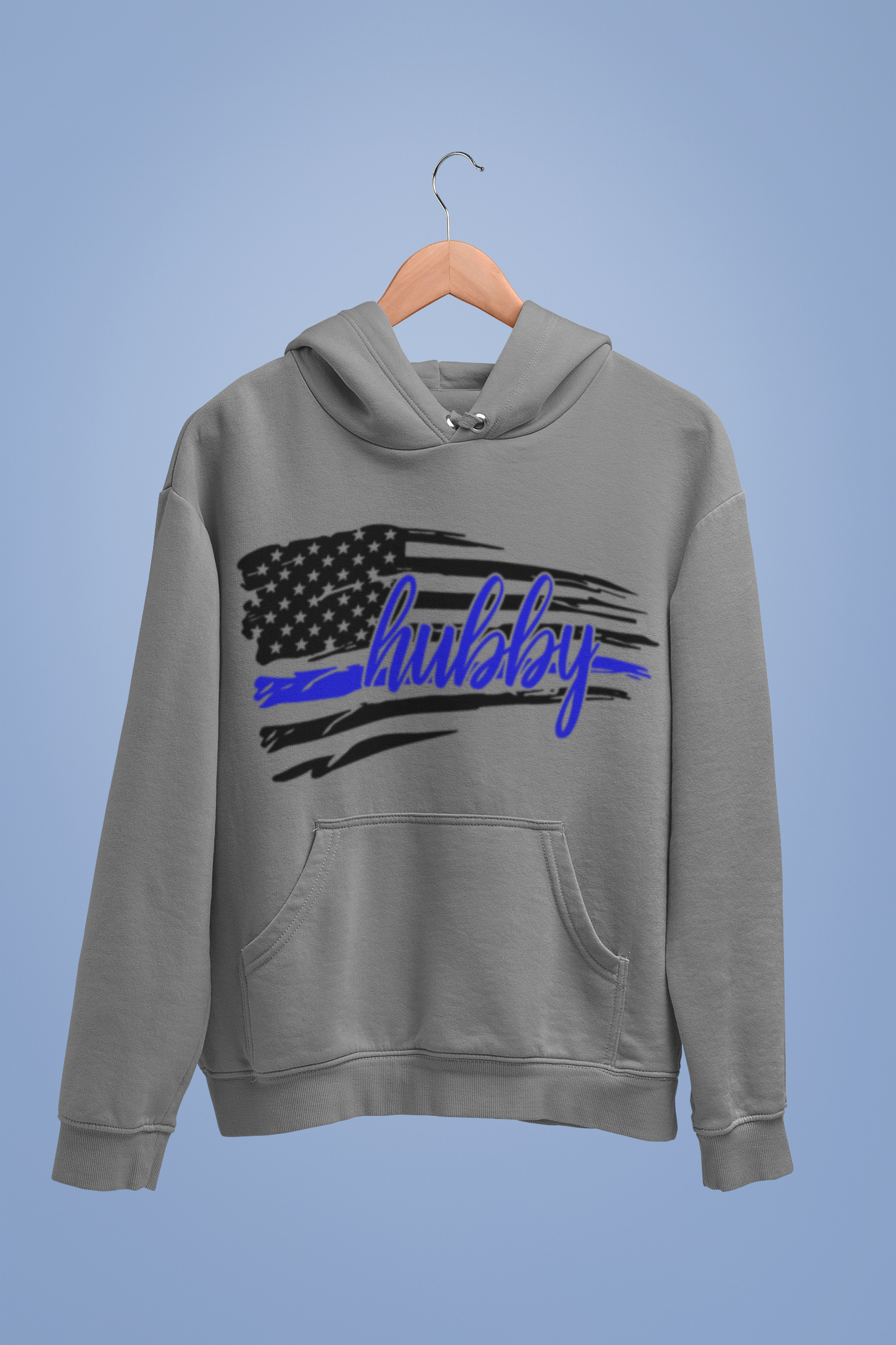 Gray hoodie with American flag and 'hubby' text in blue on a blue background