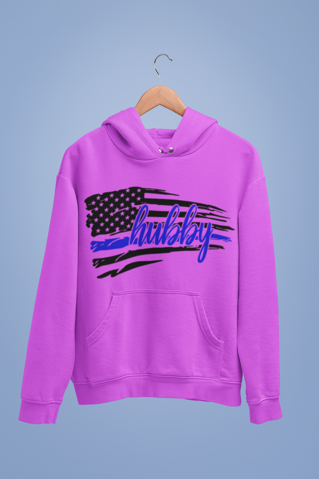 Hoodie with American flag and 'hubby' text IN blue on a hanger against a light blue background