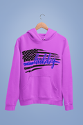 Hoodie with American flag and 'hubby' text IN blue on a hanger against a light blue background