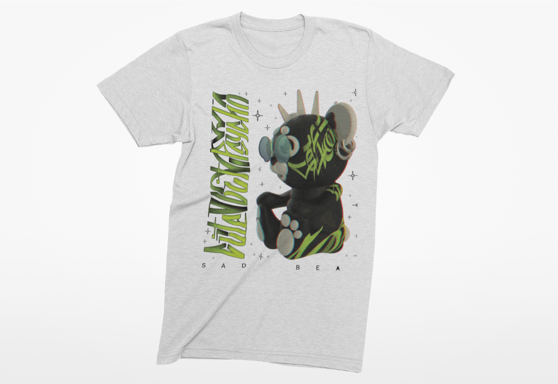 White t-shirt with graphic design featuring a cartoon character and text on a white background