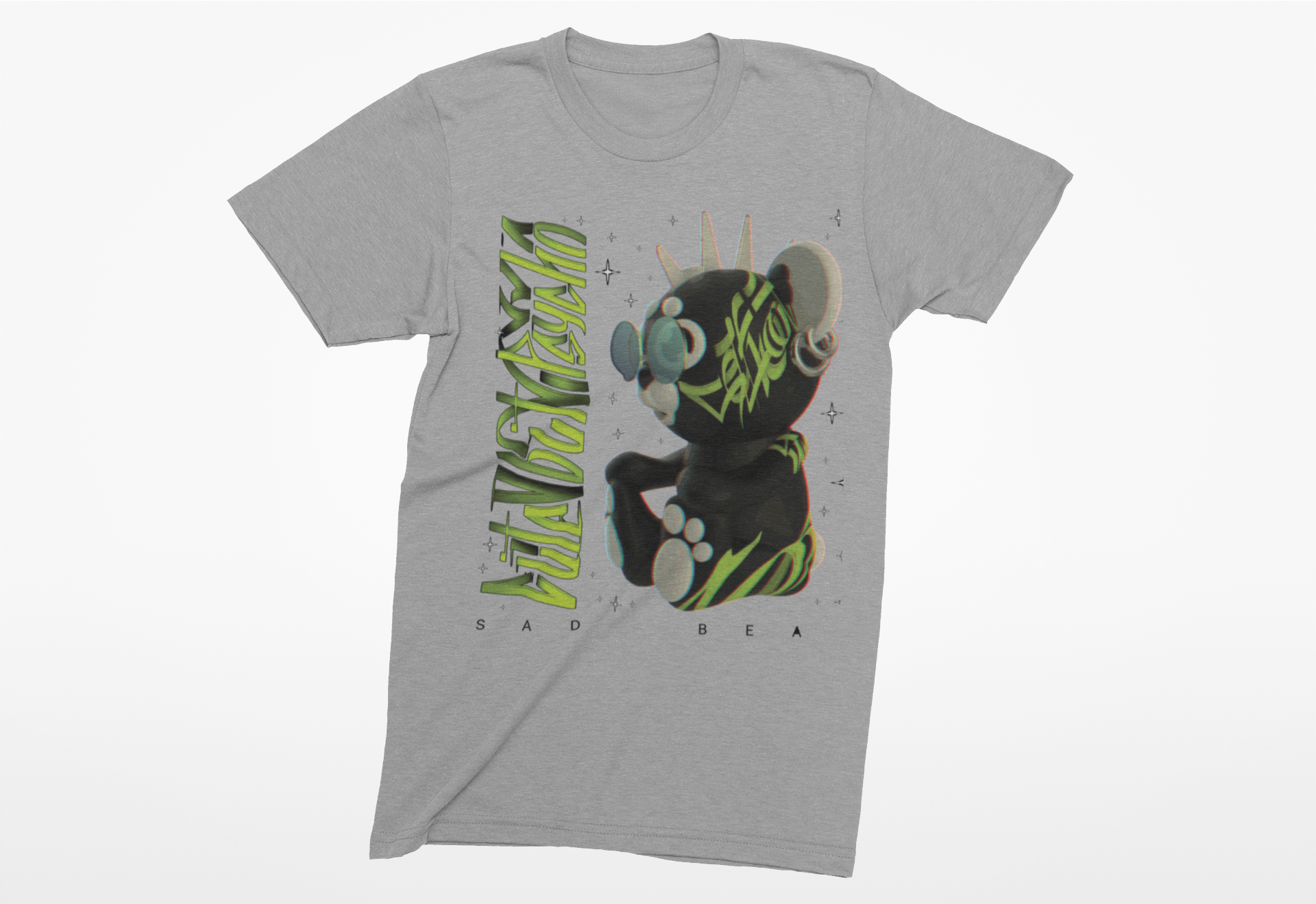 Gray t-shirt with a graphic design featuring a bear and text on a white background