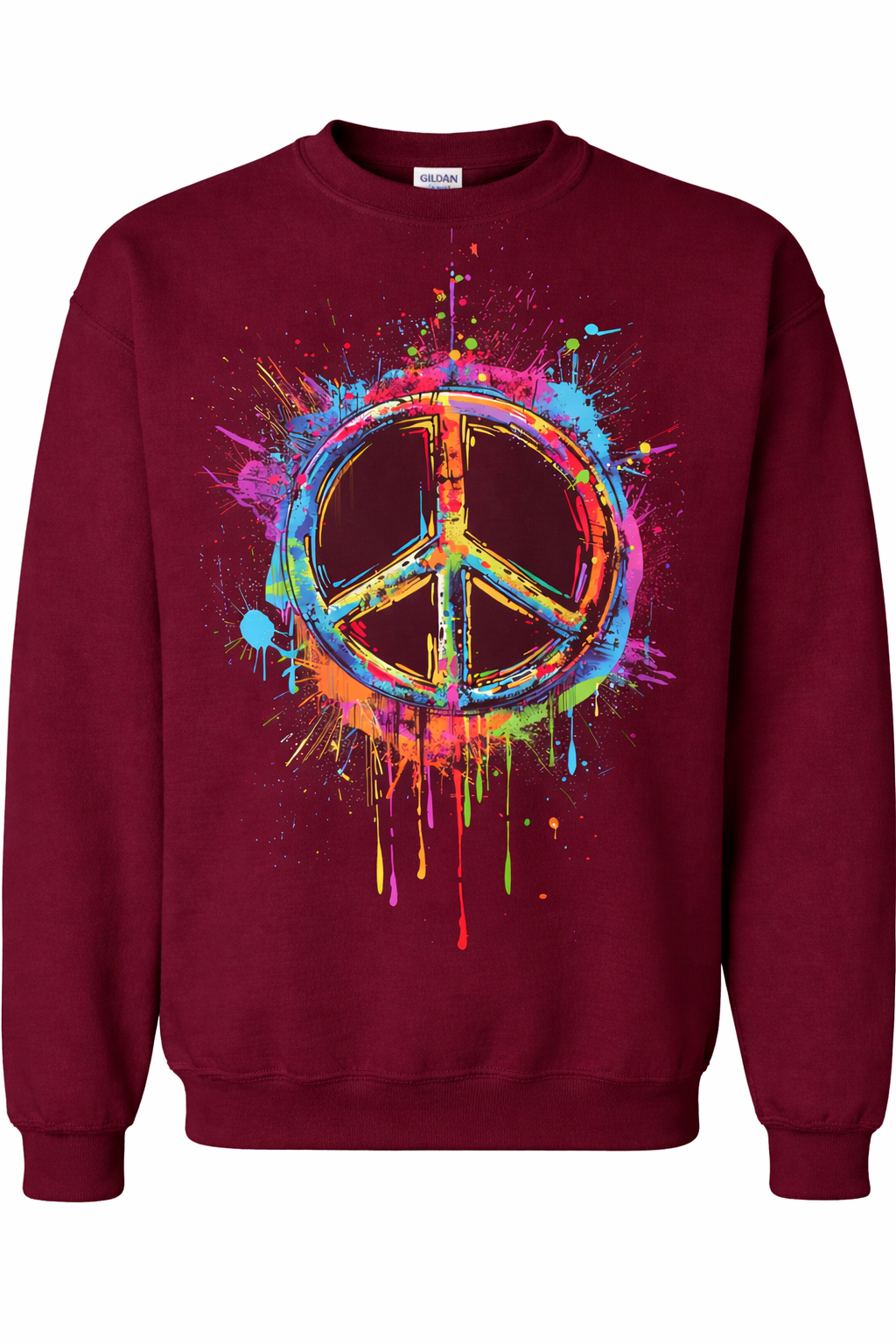 Maroon sweatshirt with a colorful peace symbol design on a white background