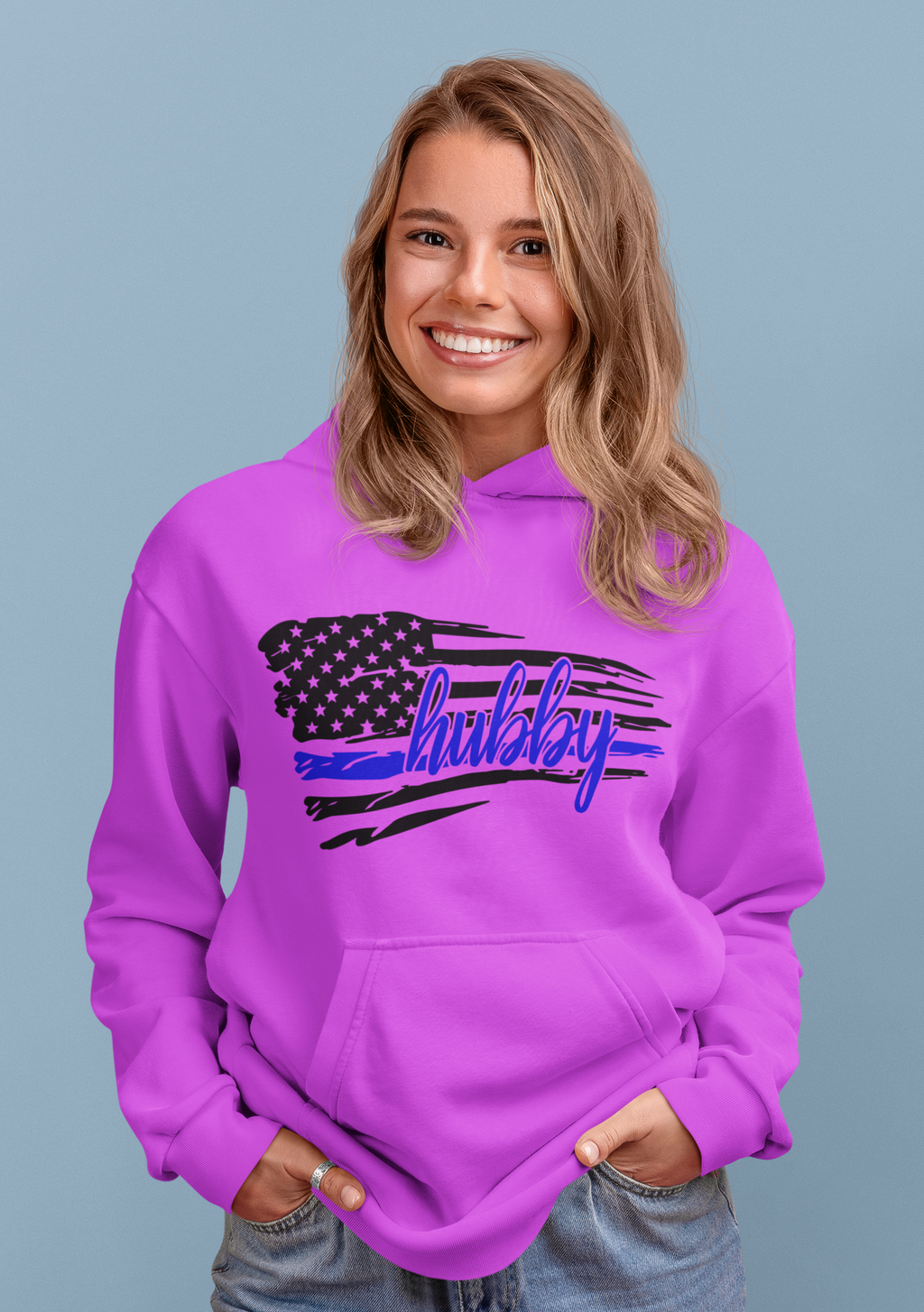  Hoodie with an American flag and 'hubby' text on a blue background