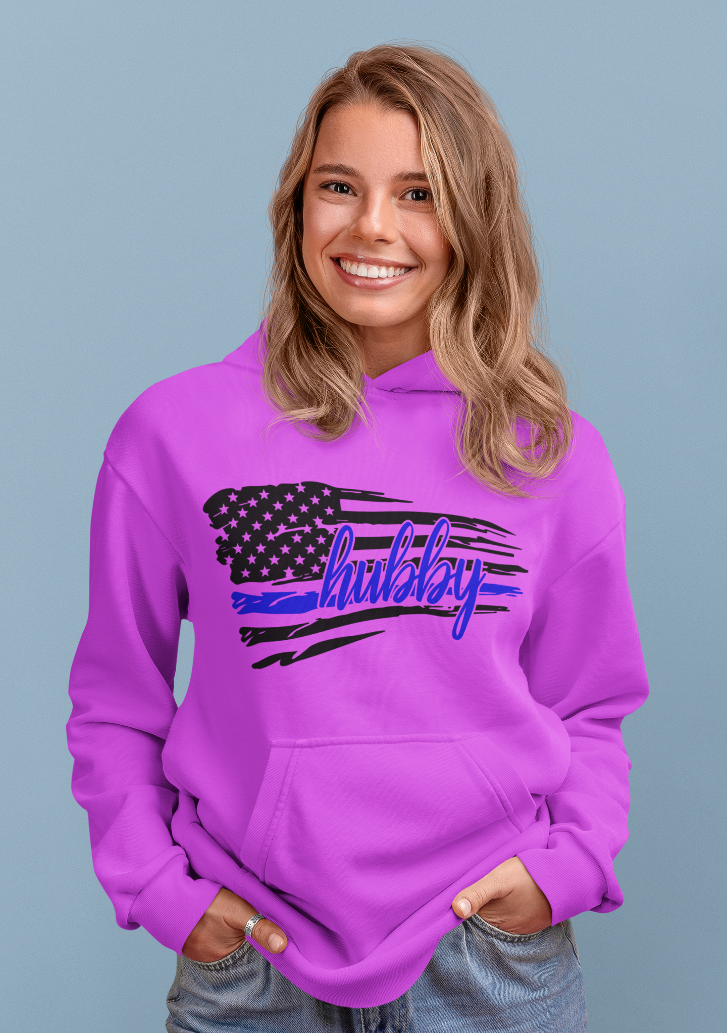  Hoodie with an American flag and 'hubby' text on a blue background