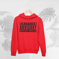 Red hoodie with black text on a hanger against a light gray background with leaf patterns.