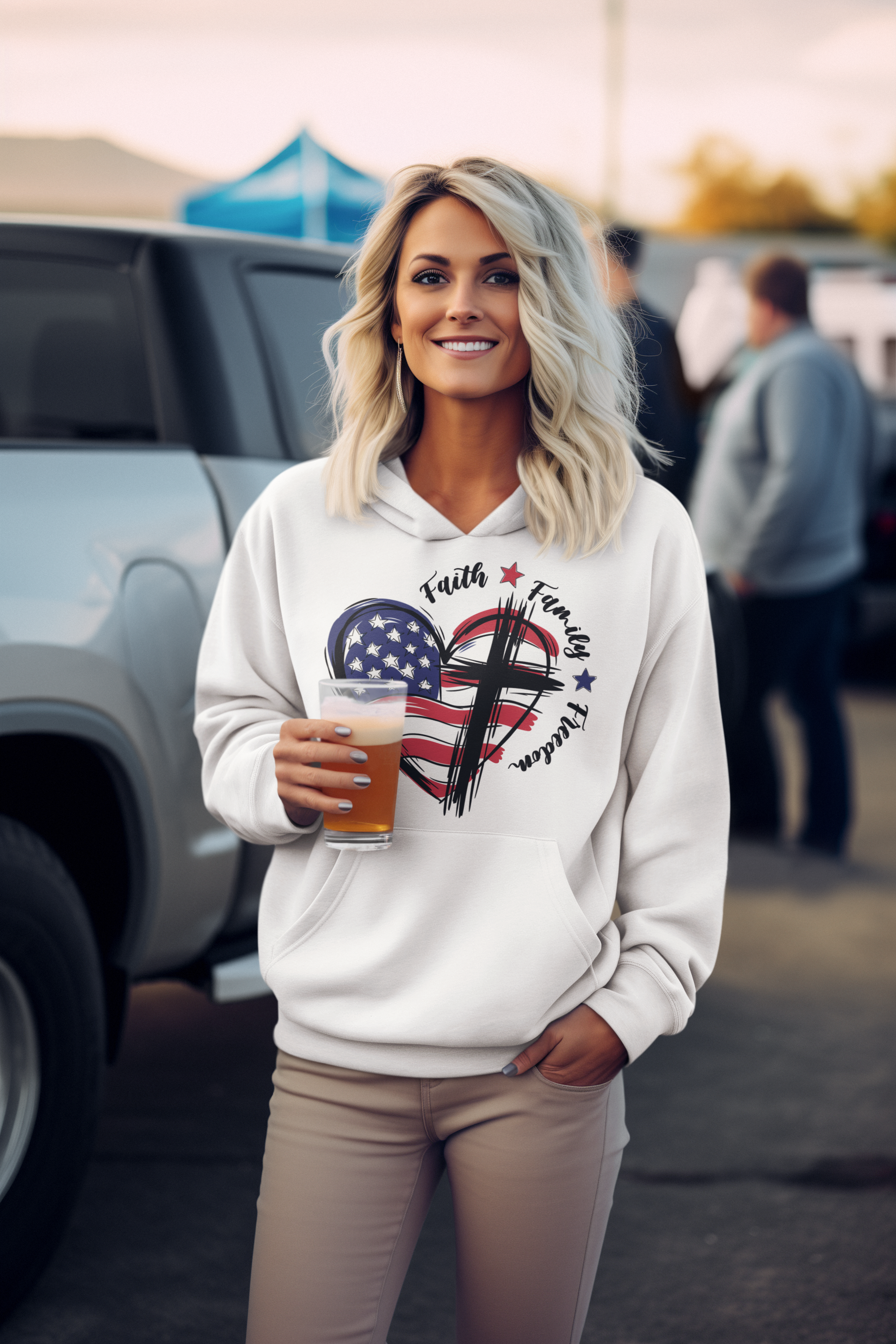 Woman wearing a white hoodie with a graphic design, holding a drink in an outdoor setting.