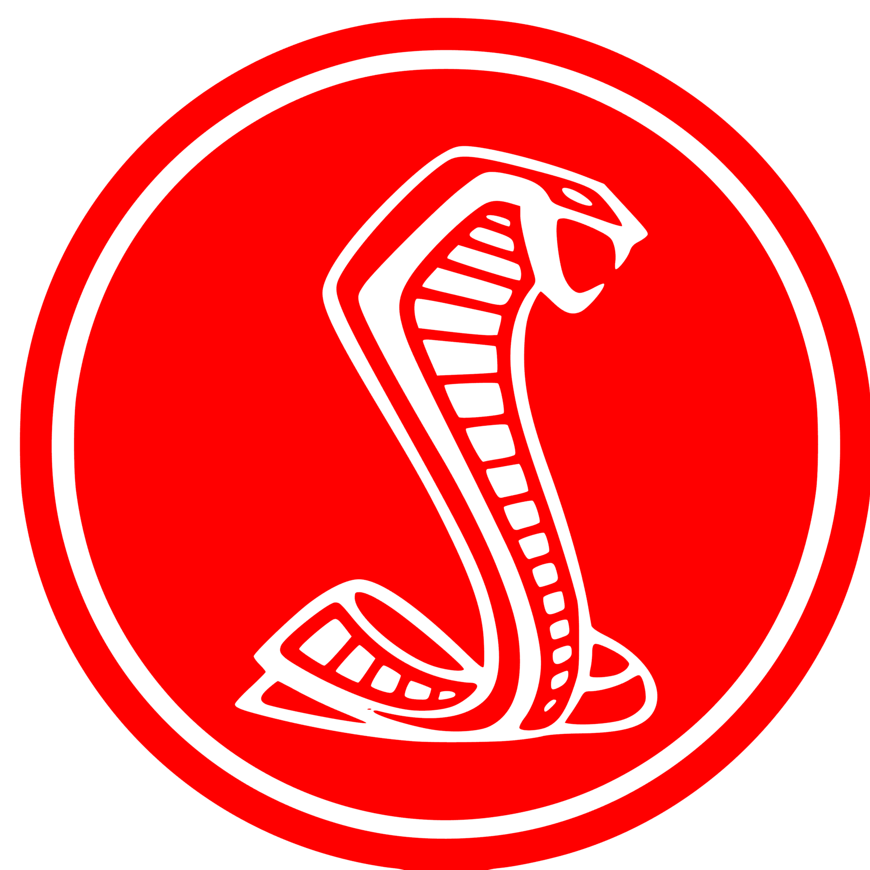 White snake logo on a red circle background